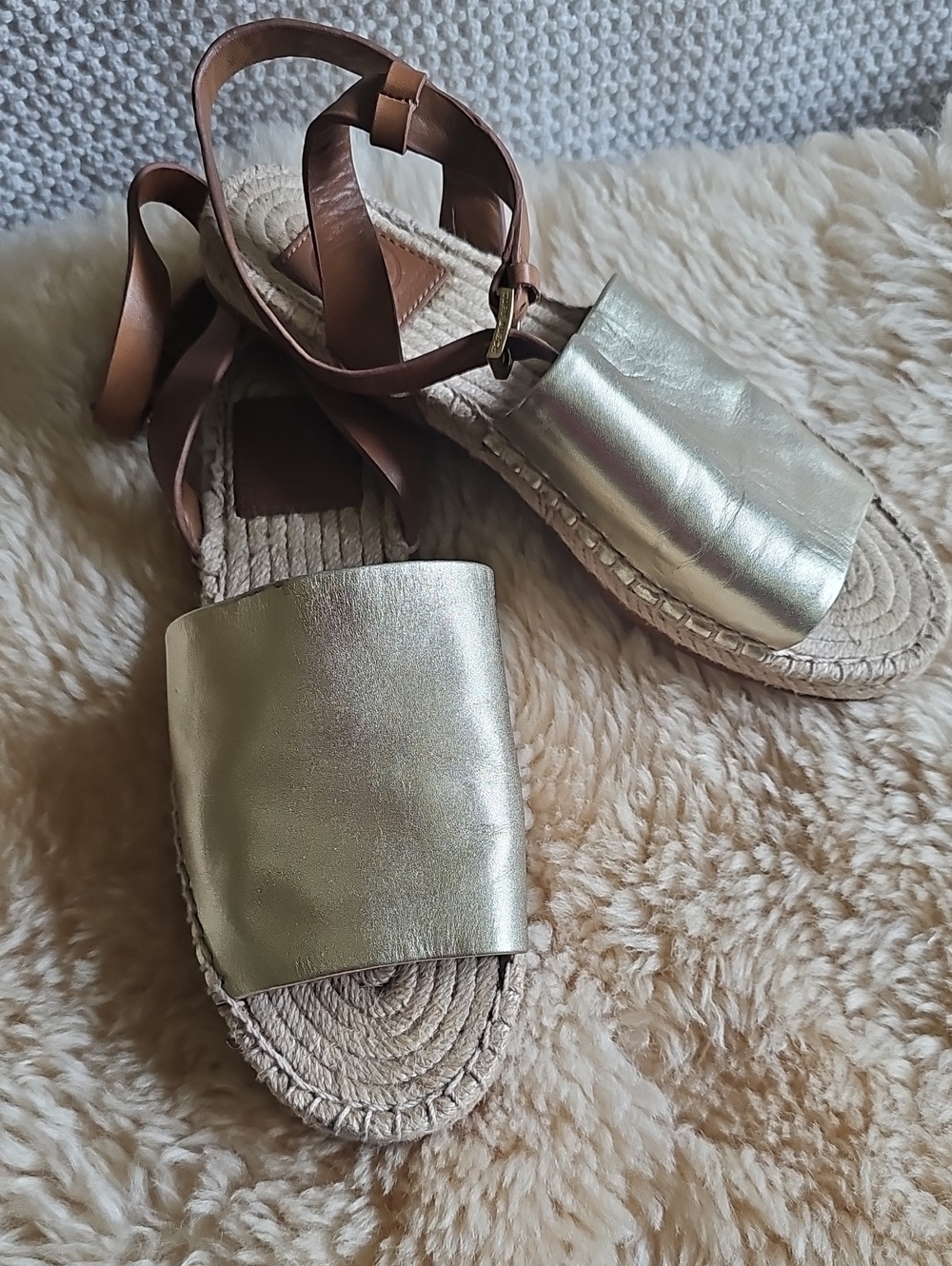 Tory Burch Tan Leather Logo Espadrille Sandals